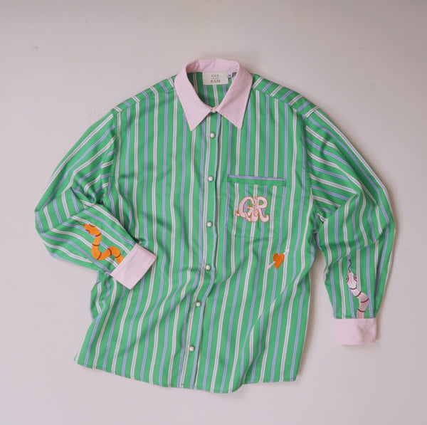 Pink Collar Green Shirt