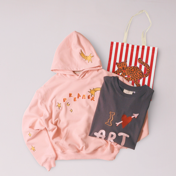 Pink hoodie, gray tee, tote