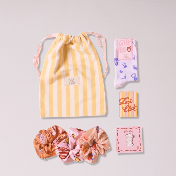 Scrunchies, socks, cards, pin, dust bag